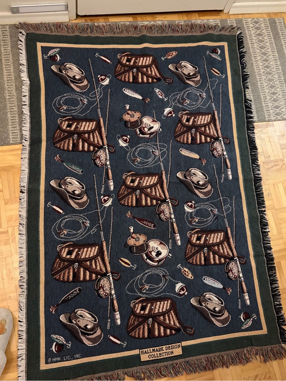 Vintage Goodwin Weavers Fishing Woven Blanket